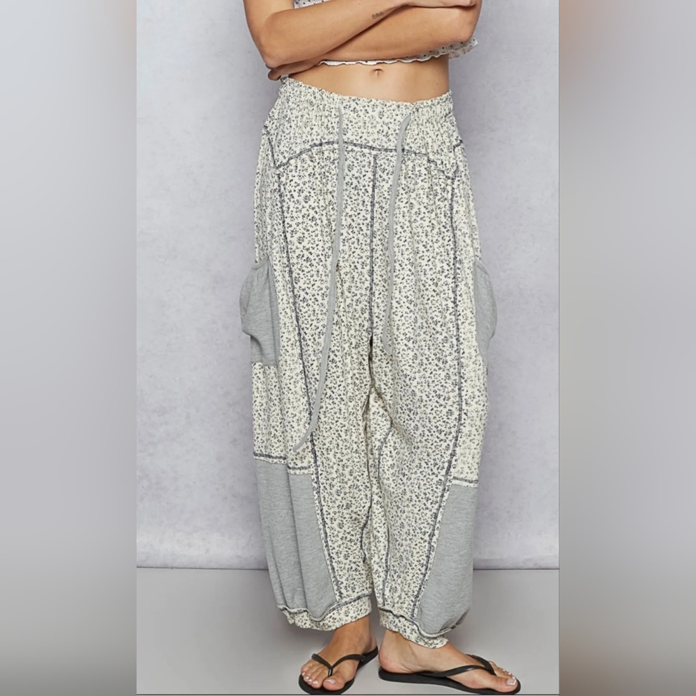 POL Cream & Gray Floral Patchwork Joggers